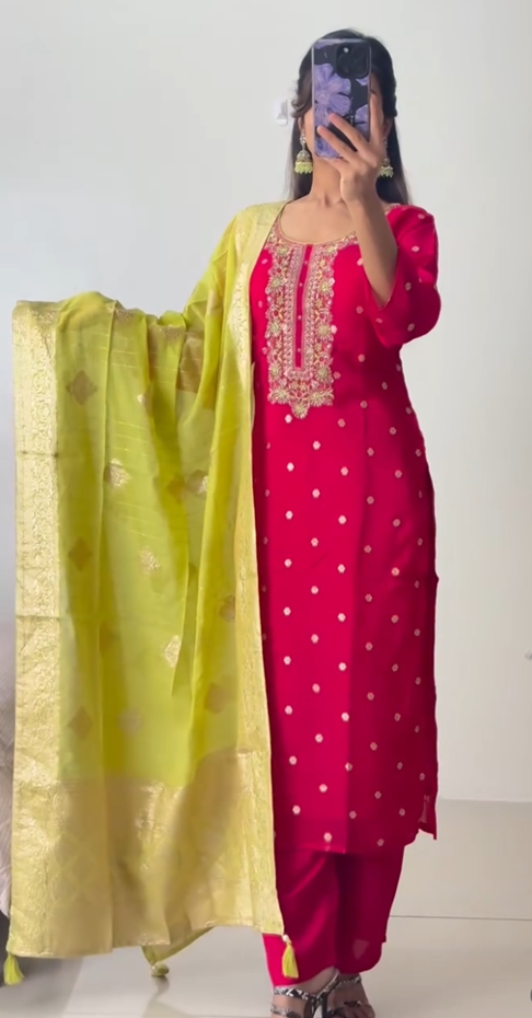 Fuchsia Pink & Lime Green Embroidered Kurti Set with Dupatta