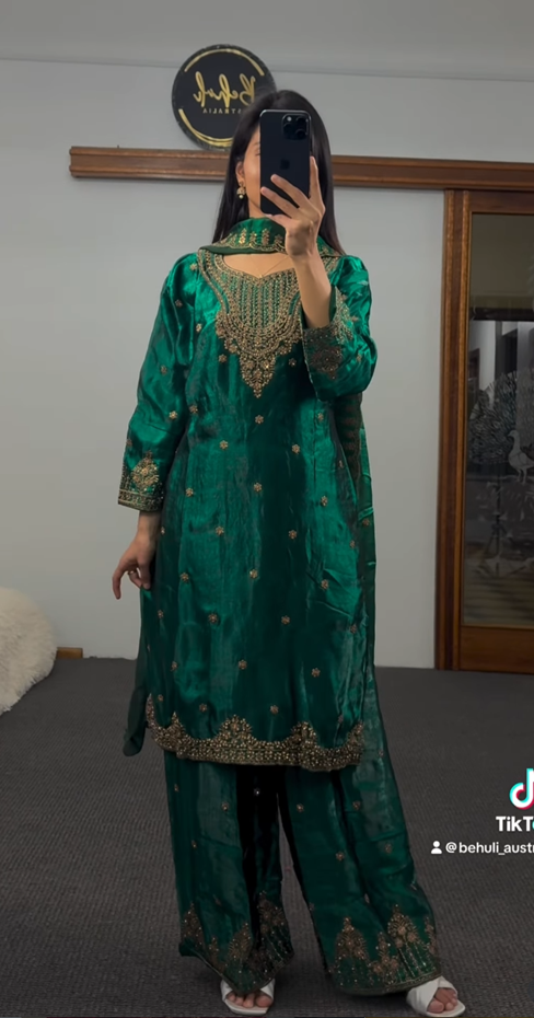 Emerald Green Silk Palazzo Suit Set with Gold Embroidery