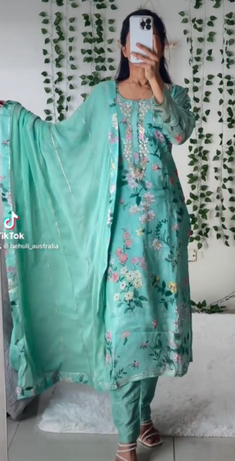 Aqua Floral Kurti Set with Embroidered Neckline