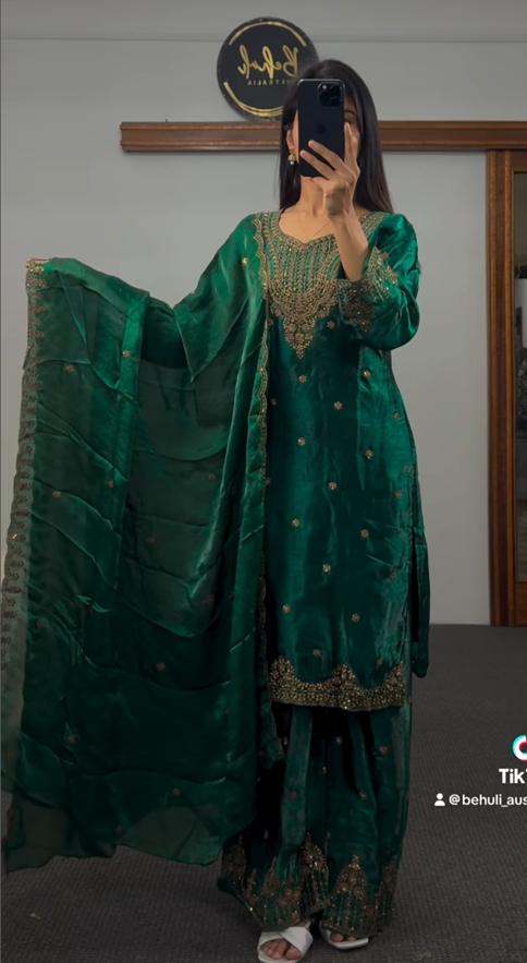 Emerald Green Silk Palazzo Suit Set with Gold Embroidery