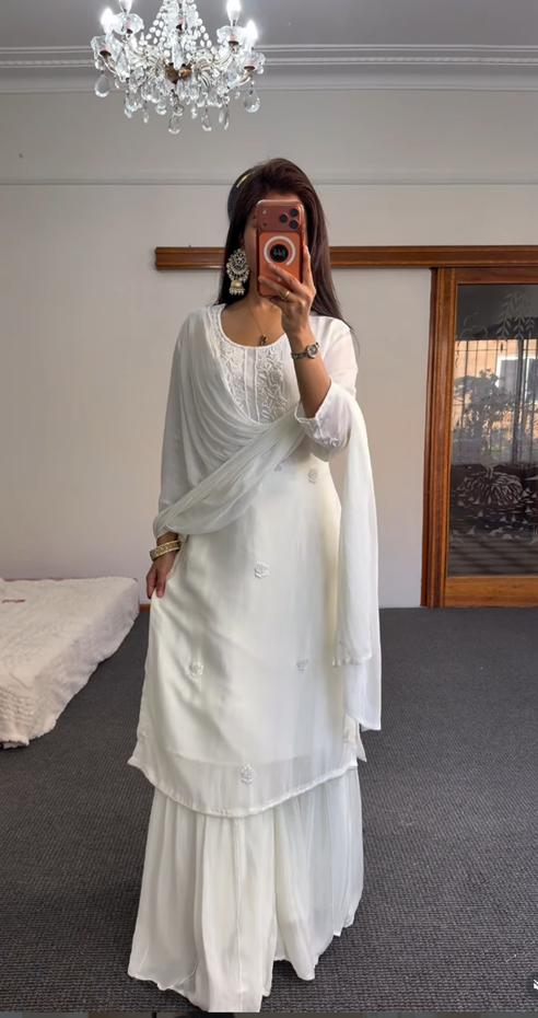 White Embroidered Palazzo Suit Set with Cutout Neckline