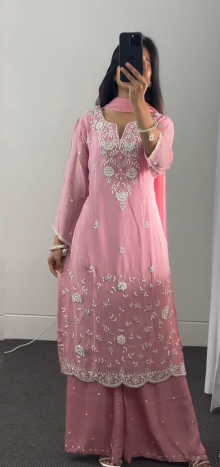 Rose Pink Organza Palazzo Suit with Floral Embroidery
