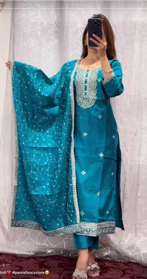 Teal Blue Kurti Set with Silver Embroidery and Sequin Dupatta