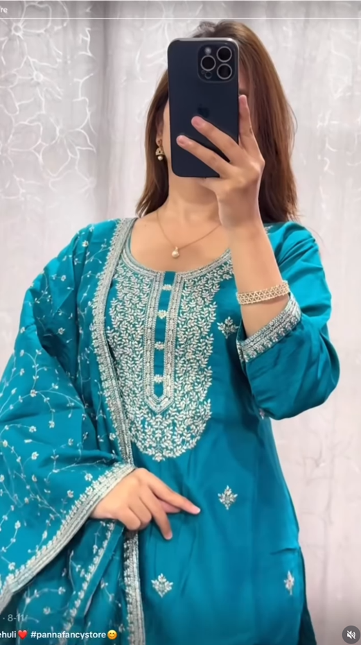 Teal Blue Kurti Set with Silver Embroidery and Sequin Dupatta