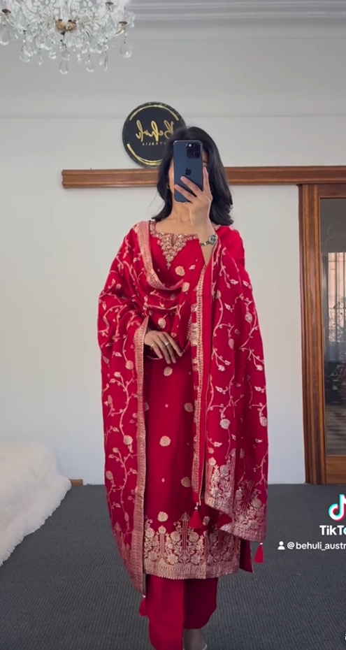 Red Embroidered Kurti Set with Floral Dupatta