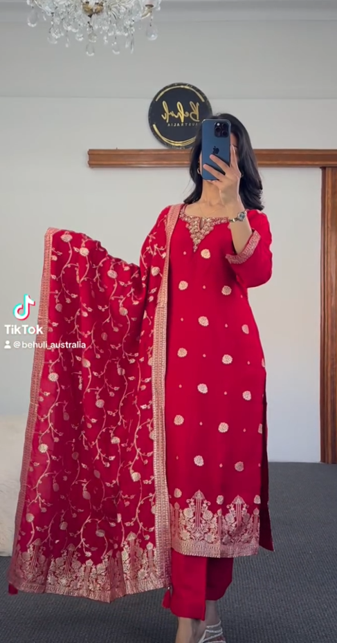 Red Embroidered Kurti Set with Floral Dupatta