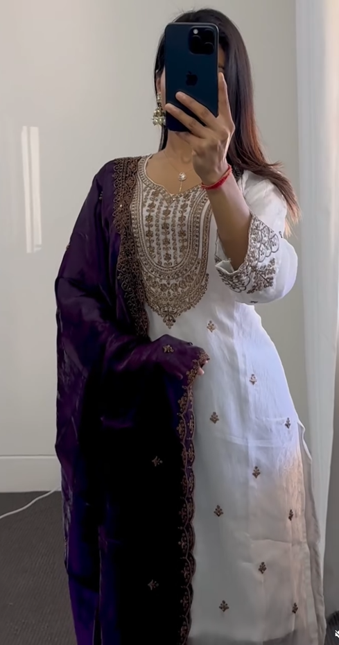 Ivory & Purple Palazzo Suit Set with Gold Embroidery