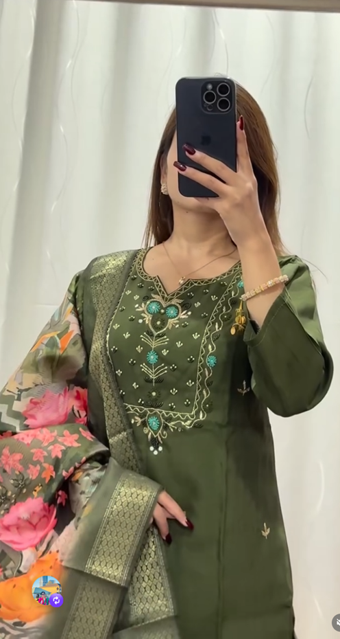 Olive Green Embroidered Kurti Set with Floral Dupatta
