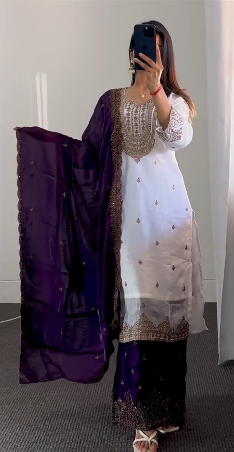 Ivory & Purple Palazzo Suit Set with Gold Embroidery