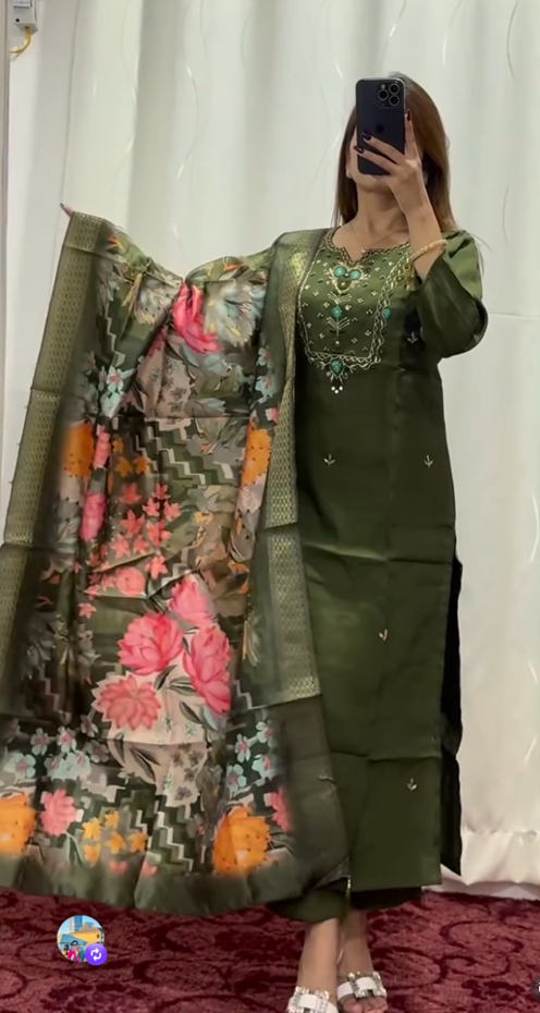 Olive Green Embroidered Kurti Set with Floral Dupatta