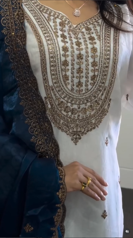 White & Blue Embroidered Palazzo Suit Set with Dupatta