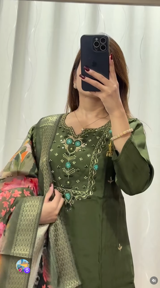Olive Green Embroidered Kurti Set with Floral Dupatta