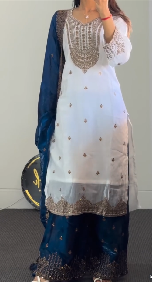 White & Blue Embroidered Palazzo Suit Set with Dupatta