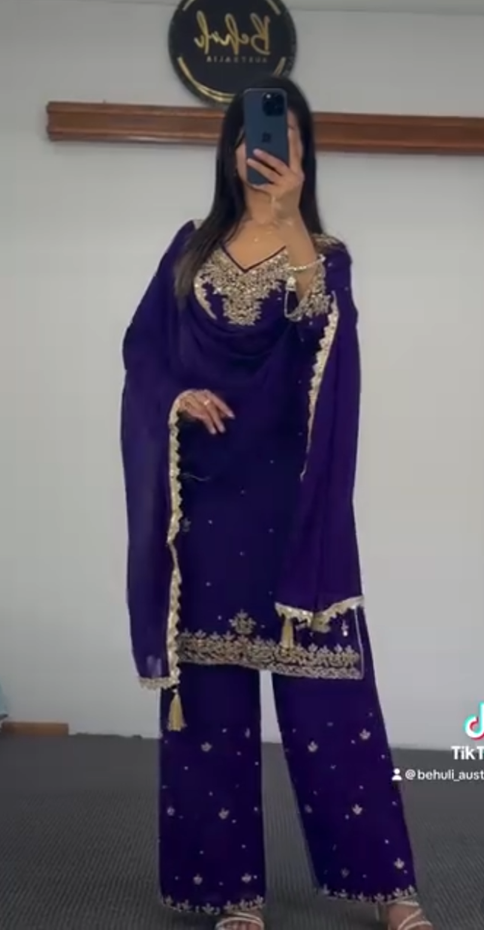 Purple Georgette Kurti Set with Gold Embroidery