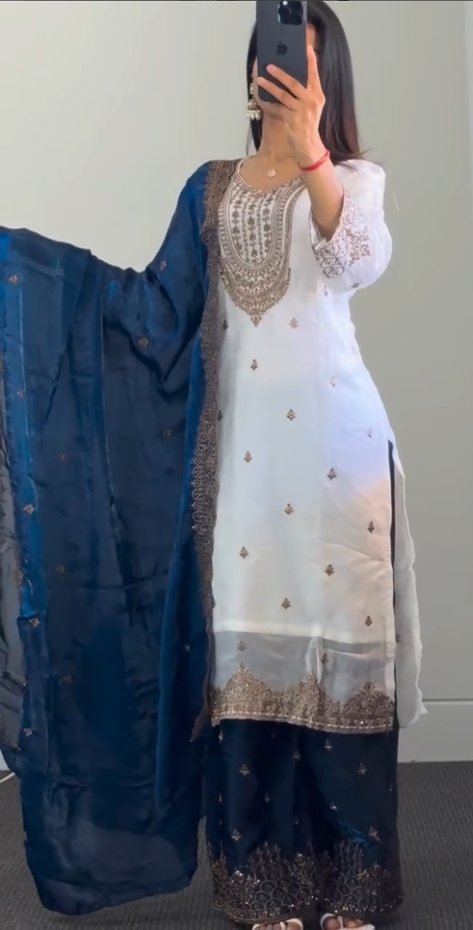 White & Blue Embroidered Palazzo Suit Set with Dupatta