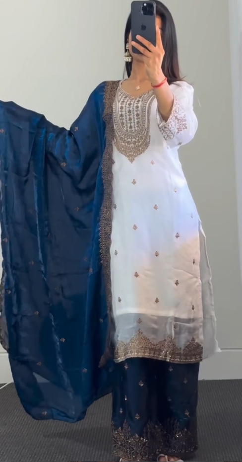 White & Blue Embroidered Palazzo Suit Set with Dupatta