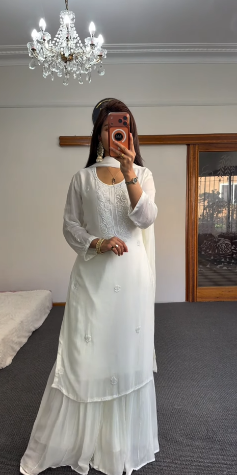 White Embroidered Palazzo Suit Set with Cutout Neckline