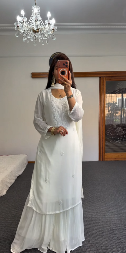 White Embroidered Palazzo Suit Set with Cutout Neckline
