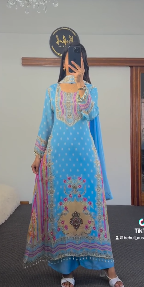 Sky Blue Embroidered Palazzo Suit with Floral Details