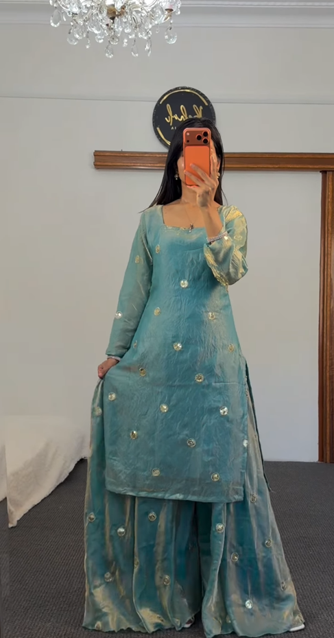 Powder Blue Palazzo Suit Set with Gold Gota Embellishments