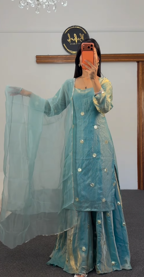 Powder Blue Palazzo Suit Set with Gold Gota Embellishments