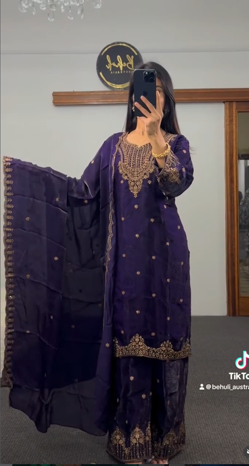 Purple Embroidered Palazzo Suit Set with Gold Zari Detail