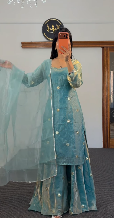 Powder Blue Palazzo Suit Set with Gold Gota Embellishments