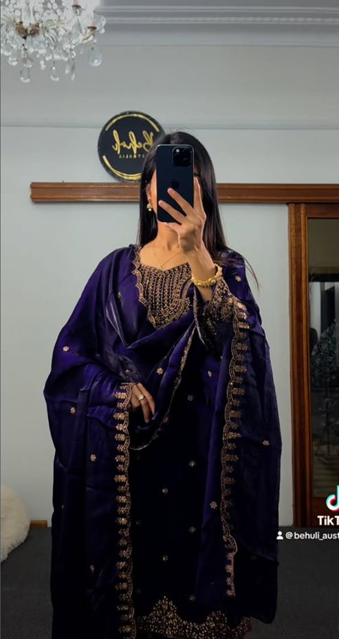 Purple Embroidered Palazzo Suit Set with Gold Zari Detail