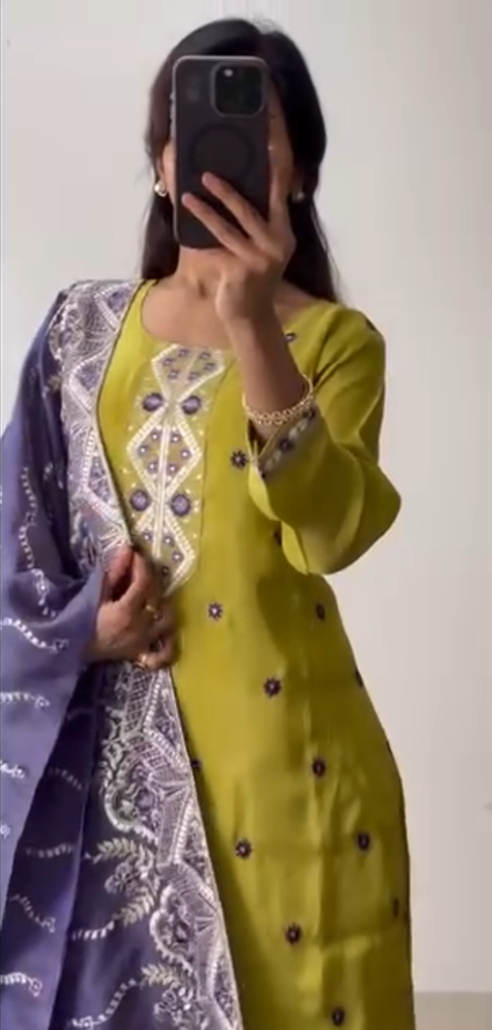 Lime Green Kurti Set with Purple Embroidered Dupatta