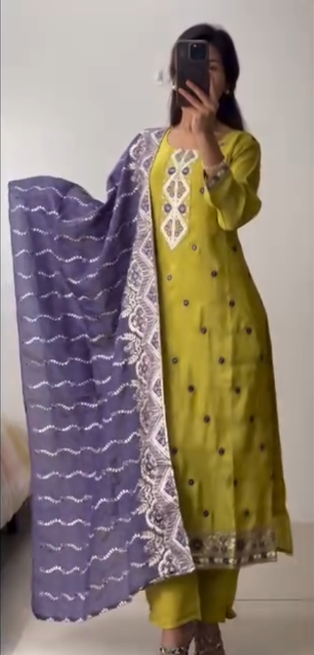Lime Green Kurti Set with Purple Embroidered Dupatta