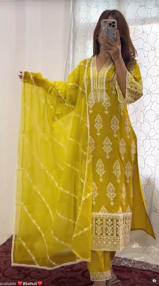 Chartreuse Kurti Set with Embroidered Organza Dupatta