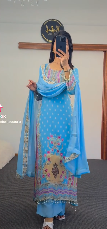 Sky Blue Embroidered Palazzo Suit with Floral Details