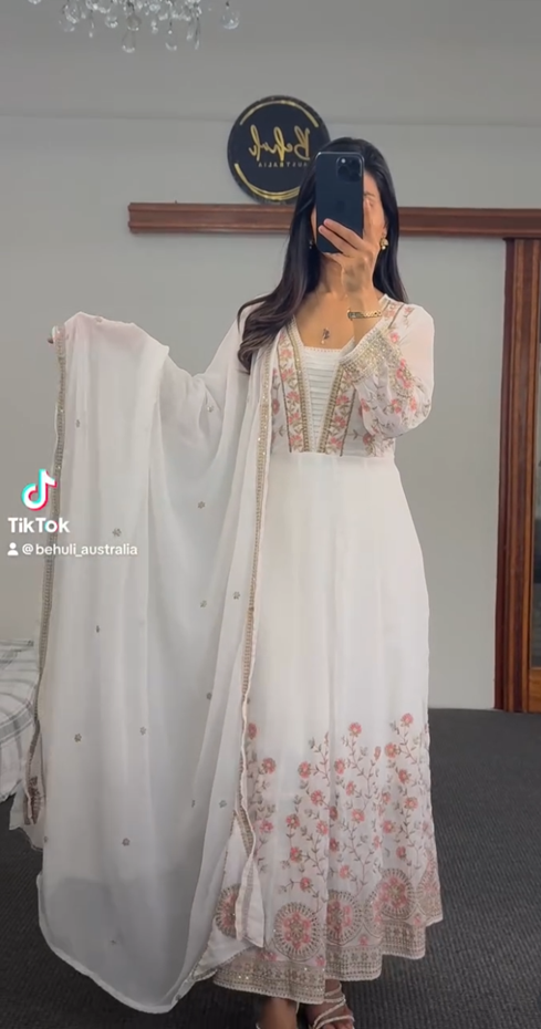 Ivory Embroidered Anarkali Set with Floral Dupatta