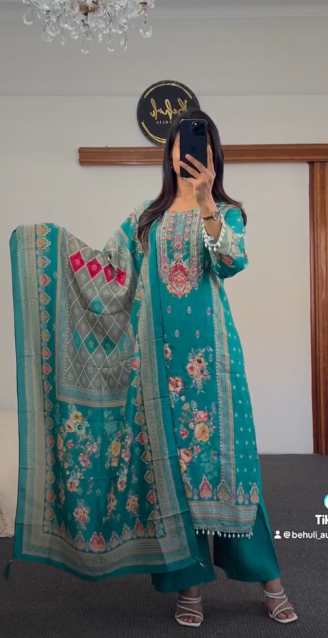 Teal Embroidered Kurti Set with Floral Print & Grey Dupatta