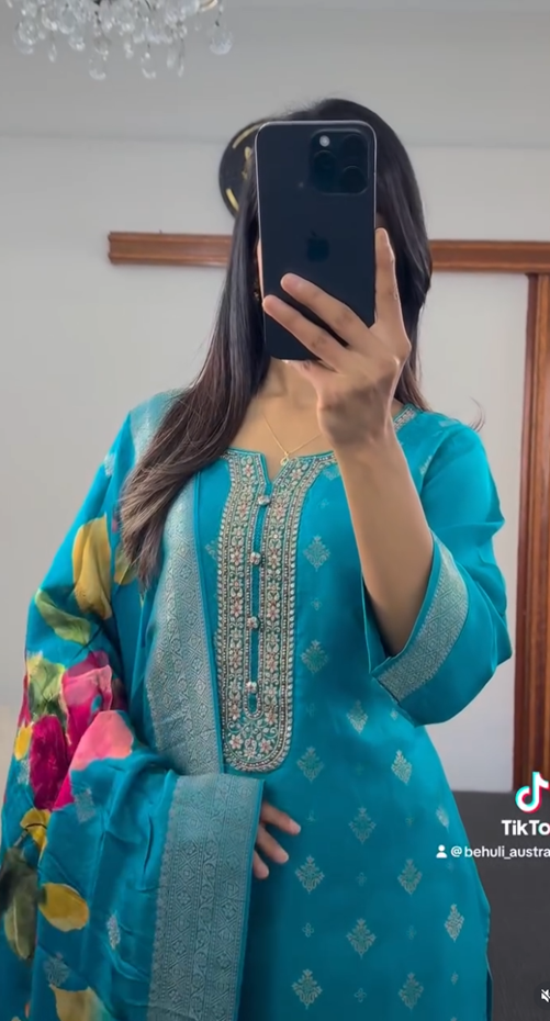Turquoise Blue Kurti Set with Embroidered Neckline & Floral Dupatta