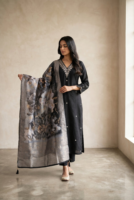 Black Silk Kurti Set with Floral Organza Dupatta