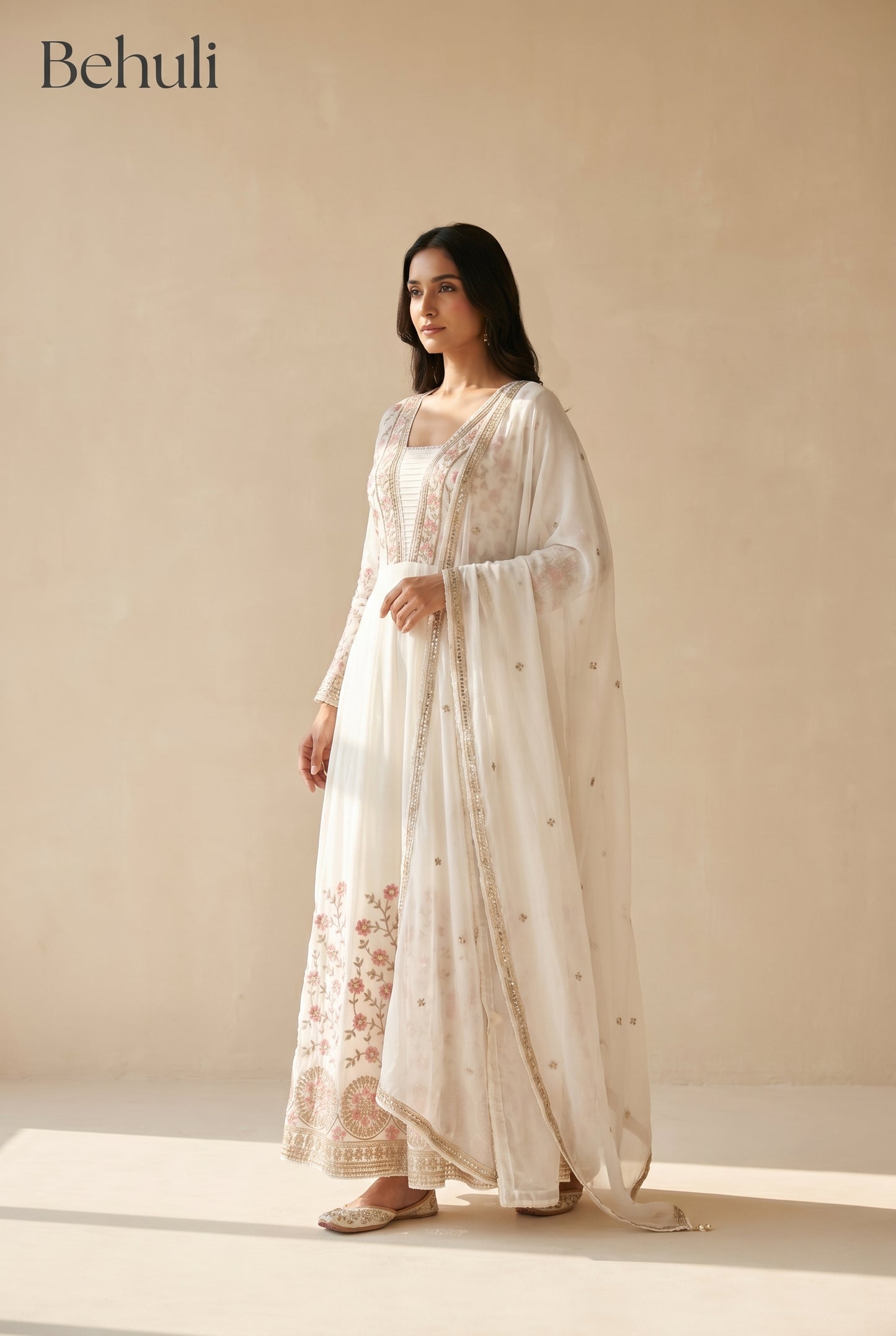 Ivory Embroidered Anarkali Set with Floral Dupatta
