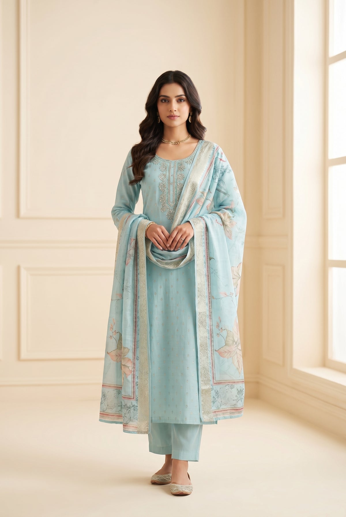 Aqua Floral Printed Kurti Suit Set