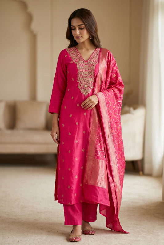 Fuchsia Pink Embroidered Kurti Set with Banarasi Dupatta