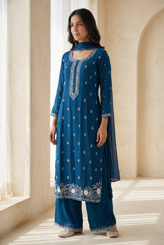 Teal Blue Palazzo Suit Set with White Embroidery