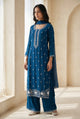 Teal Blue Palazzo Suit Set with White Embroidery