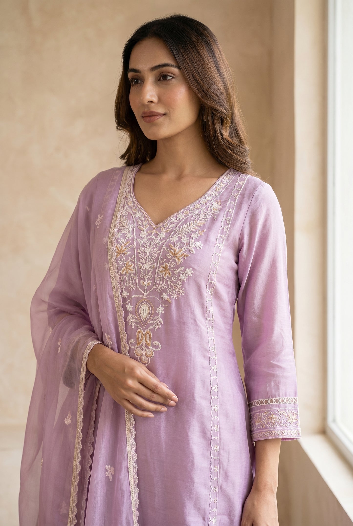 Lilac Embroidered Kurti Set with White Chikankari Detail