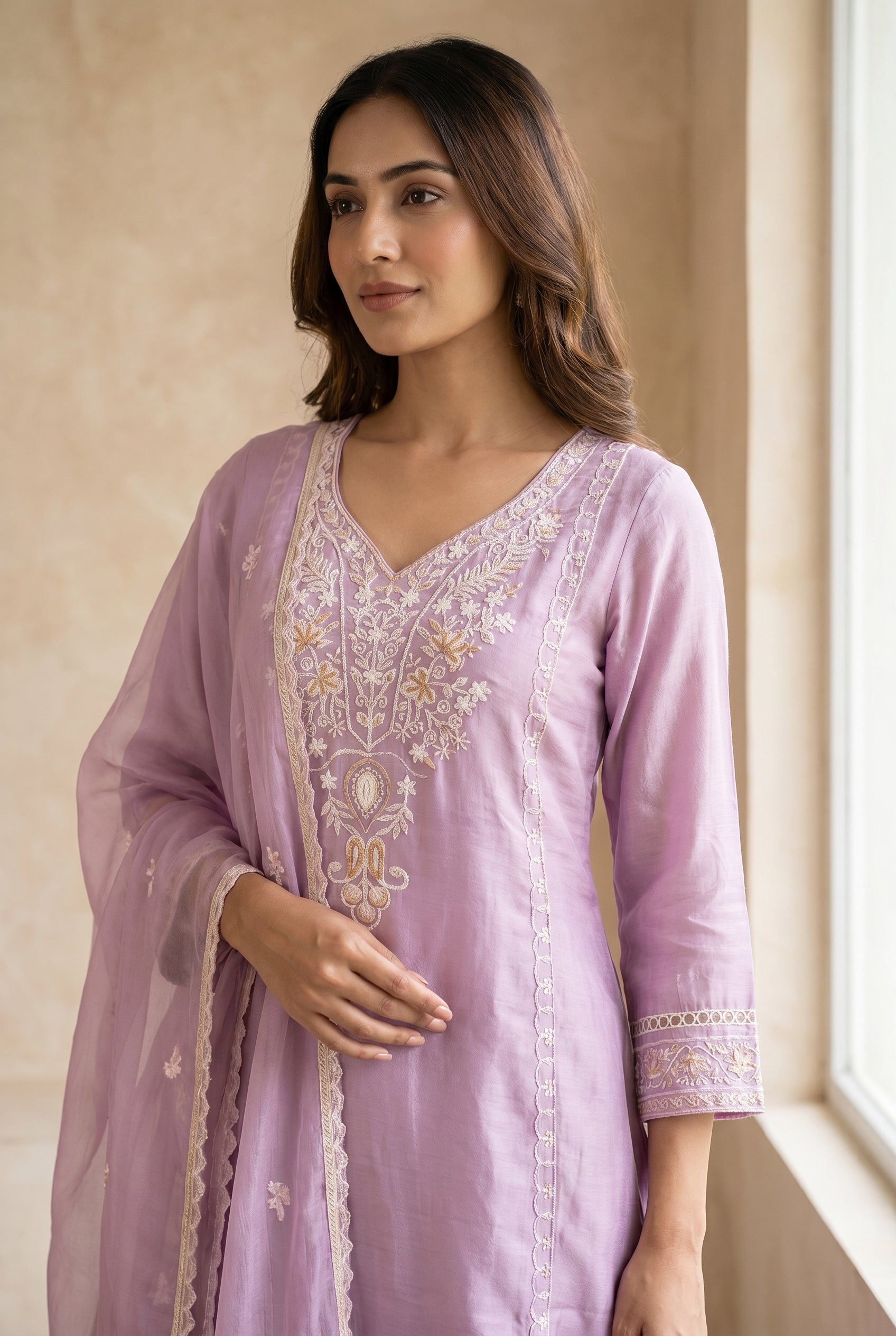 Lilac Embroidered Kurti Set with White Chikankari Detail