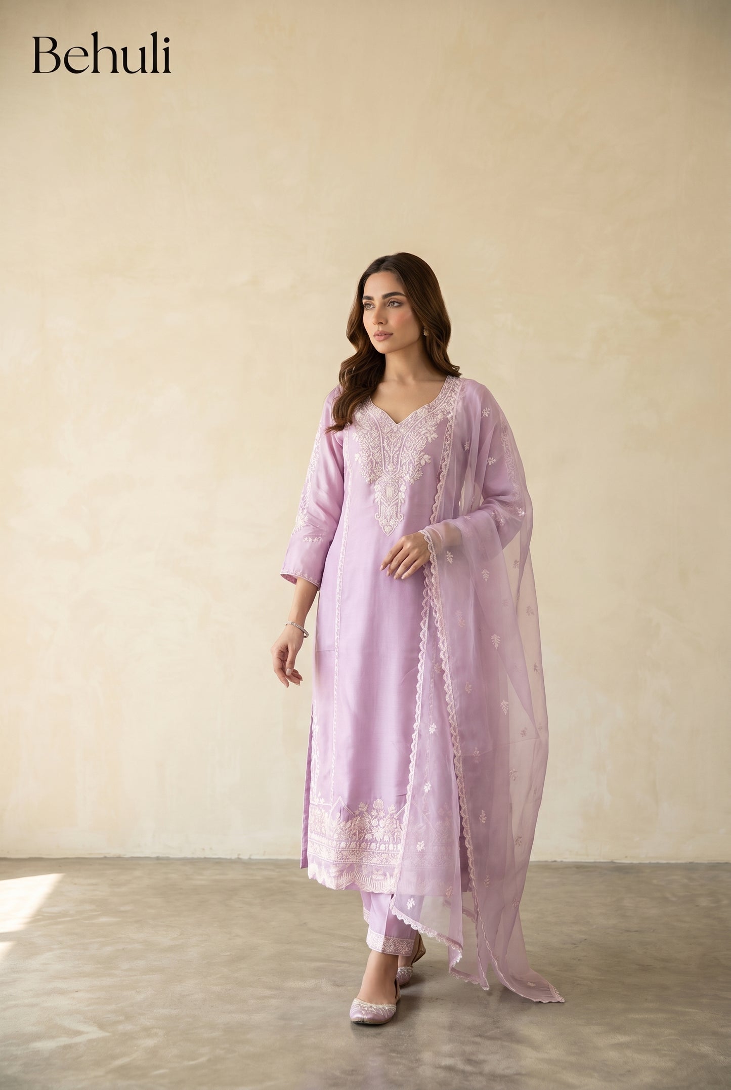 Lilac Embroidered Kurti Set with White Chikankari Detail
