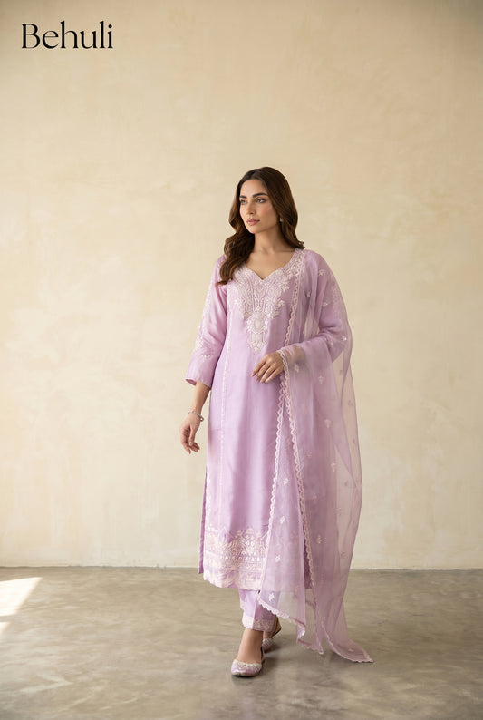 Lilac Embroidered Kurti Set with White Chikankari Detail