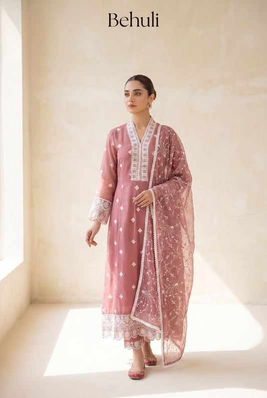 Dusty Rose Embroidered Anarkali Set with Sheer Dupatta