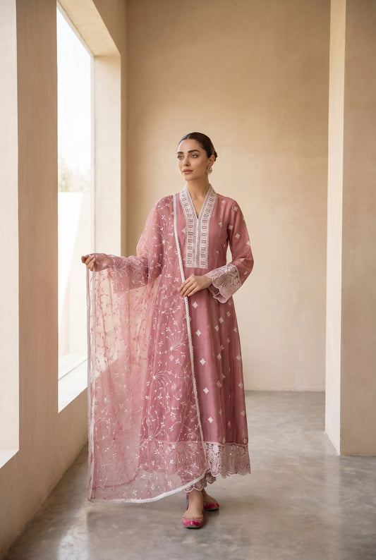 Dusty Rose Embroidered Anarkali Set with Sheer Dupatta
