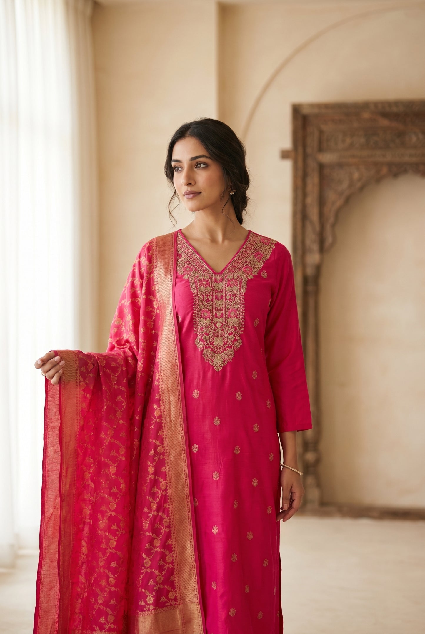 Fuchsia Pink Embroidered Kurti Set with Banarasi Dupatta