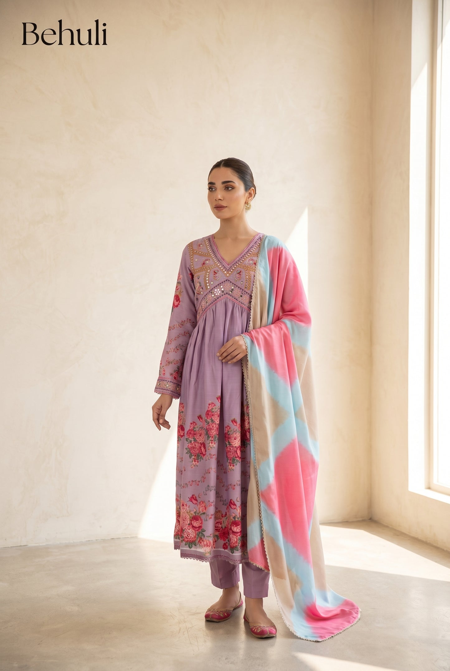 Lavender Anarkali with Floral Embroidery & Multicolour Dupatta