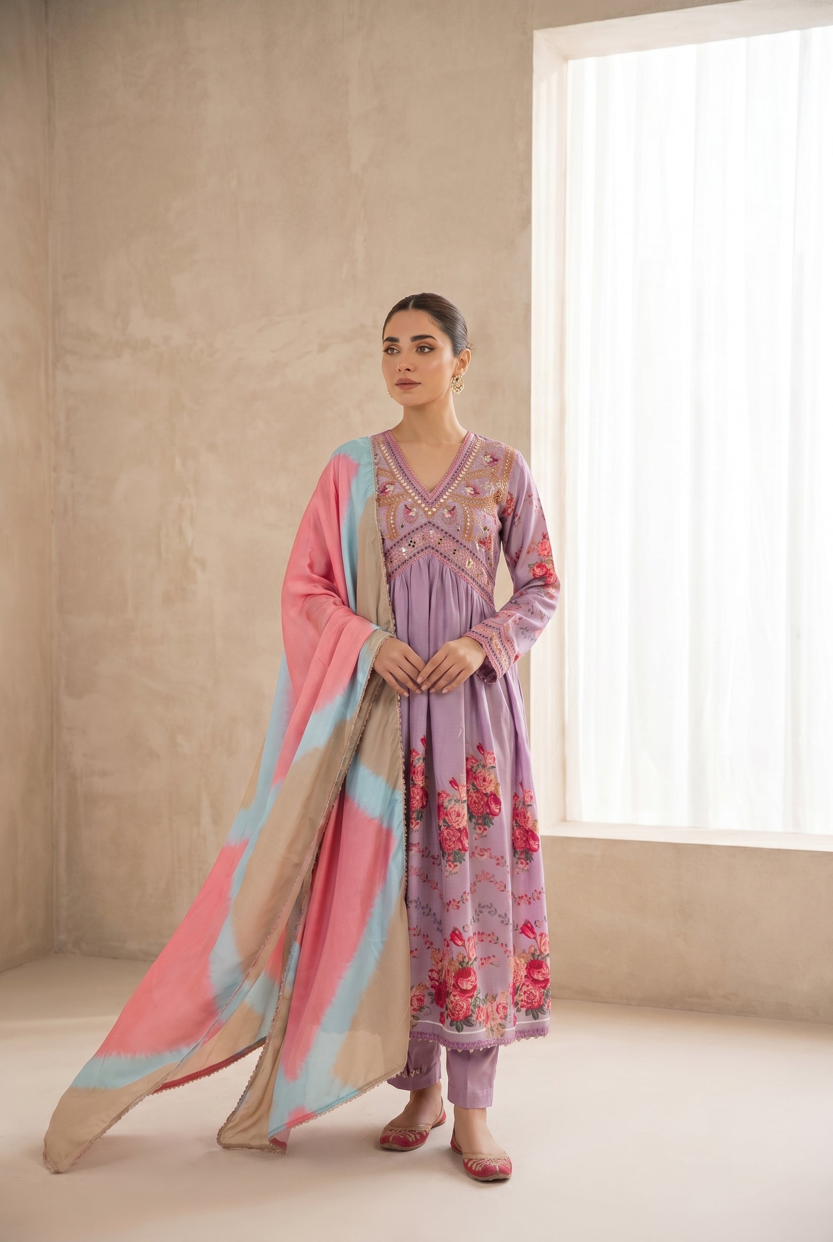 Lavender Anarkali with Floral Embroidery & Multicolour Dupatta